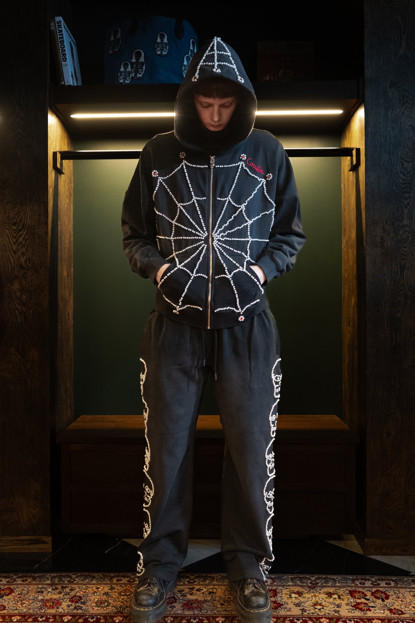 Cousin Pearl Spiderweb Zip Up Washed Black