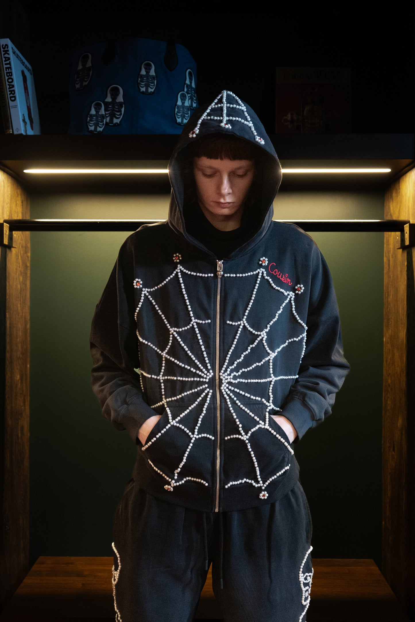 Cousin Pearl Spiderweb Zip Up Washed Black