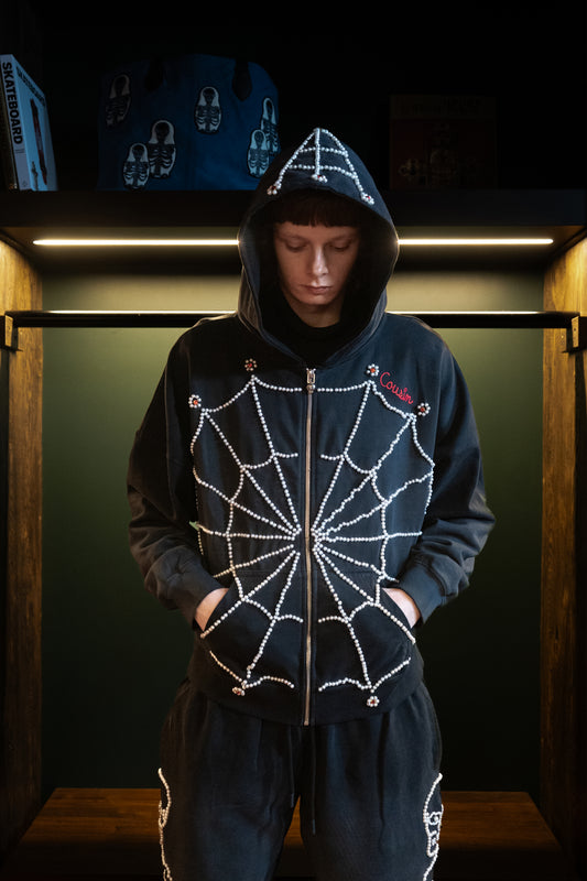 Cousin Pearl Spiderweb Zip Up Washed Black