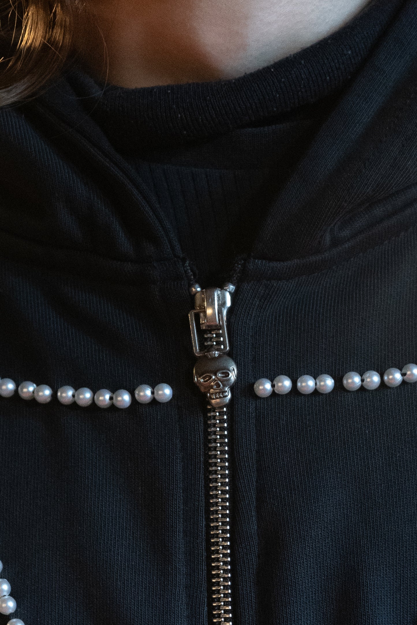 Cousin Pearl Spiderweb Zip Up Washed Black