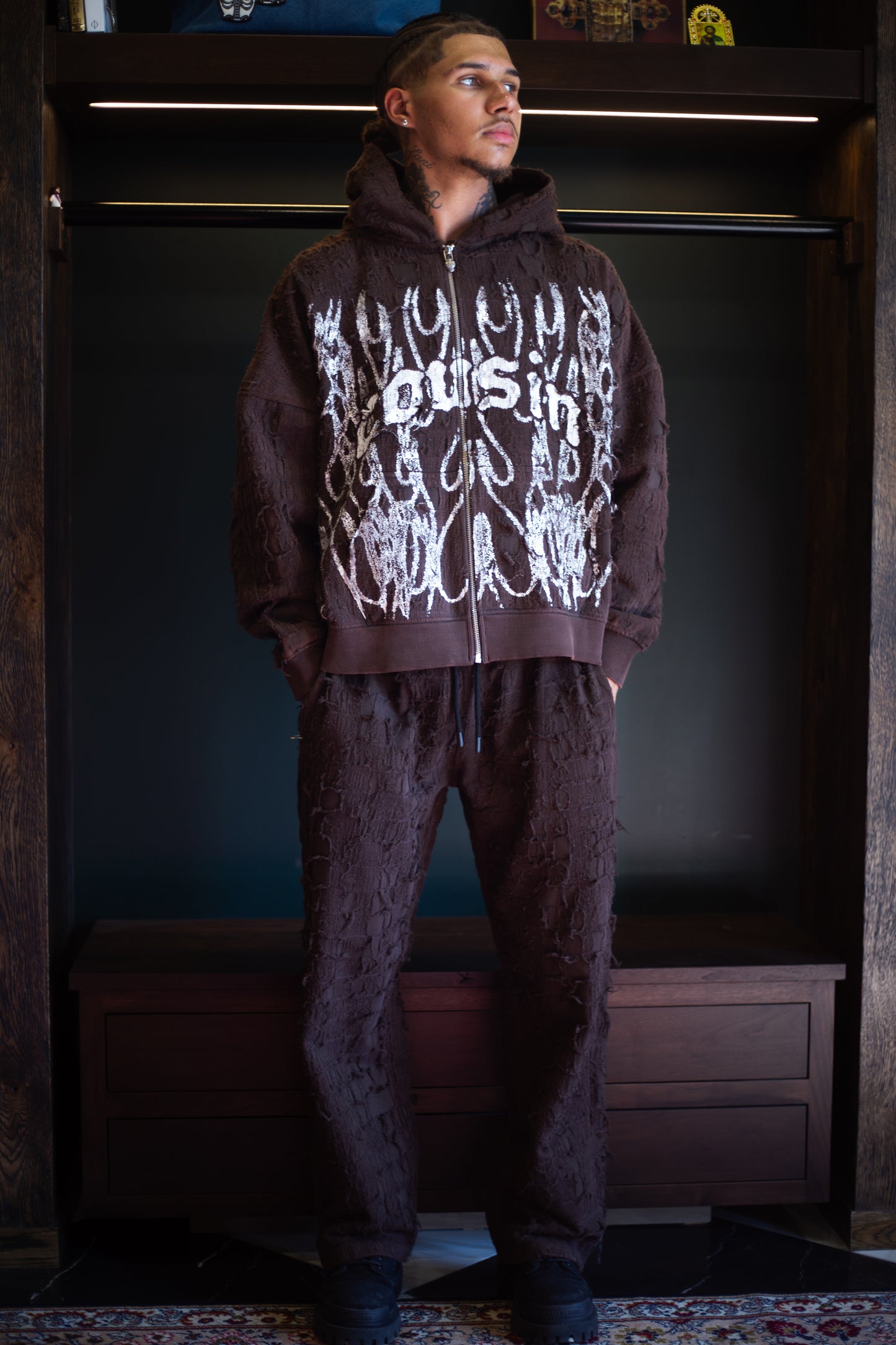 Cousin Bandage Zip Up Hoodie Washed Brown