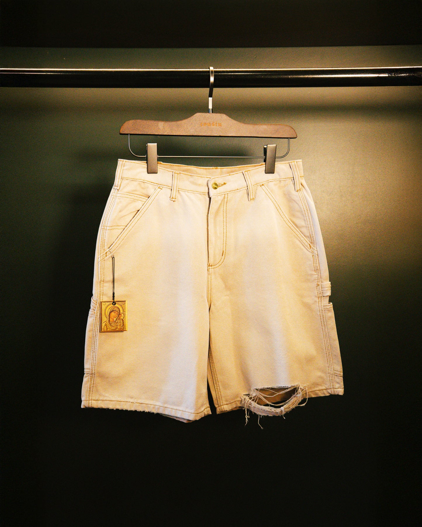 Light Khaki Distressed Carpenter Shorts